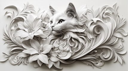 Intricate, decorative sculpture of a cat and flowers.