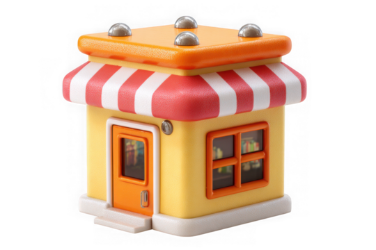 Cute cartoon shop building with striped awning and silver roof details isolated on transparent background - Powered by Adobe