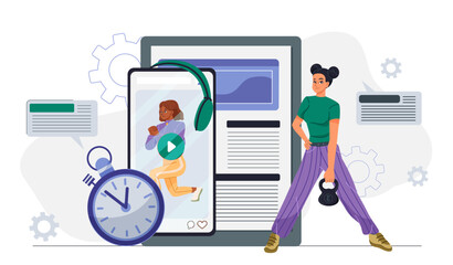 Woman training at home. Young girl with kettlebell near smartphone with fitness trainer. Active lifestyle and sports. Workout and training, physical activity. Flat vector illustration