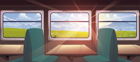 Train interior inside. Green chairs and wooden tables. Travel, trip and journey. Beautiful wagon cabin. Modern transport on railroad. Cartoon vector illustration © Aleksey