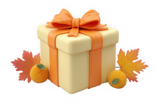 Festive autumn gift box with ornaments and maple leaves isolated on transparent background