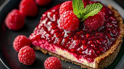 A vibrant raspberry fruit coulis spread across a cheesecake slice, with fresh raspberries and a mint sprig for garnish.