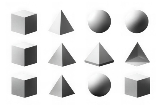 Collection of geometric shapes demonstrating light and shadow isolated on transparent background