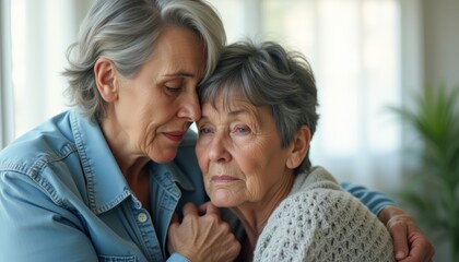 Tender embrace between two elderly women