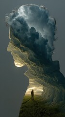 Bifurcated identity state: divided self, inner turbulence, mental schism, hidden emotion, fractured thought, dual presence, internal storm, cognitive gap, altered mood, psychological tension