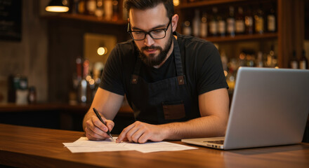 Focused bartender wearing an apron writing on paper next to a laptop with a bar in the background.