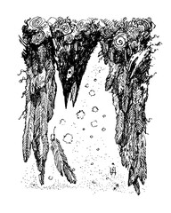 Vector ink drawing of a dark, crow-like creature with textured feathers and swirling abstract elements. Grungy, gothic, and hand-drawn.