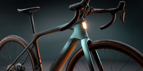 Close-up matte turquoise and black bicycle frame with drop handlebars, tan tires, and dramatic studio lighting

