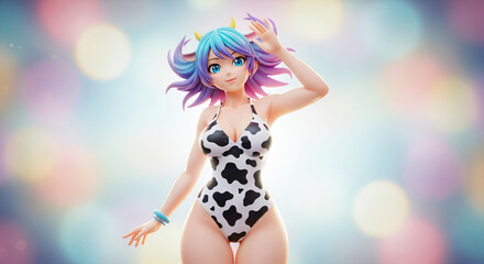 Anime girl with colorful hair wearing a black and white cow-patterned swimsuit. The background is a soft, blurred mix of pastel colors with circular light effects, giving a vibrant and cheerful vibe.