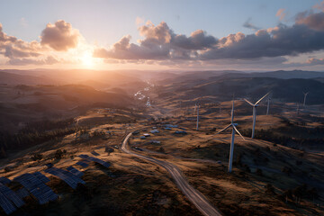 Sustainable energy solutions drive eco-friendly progress in green industry with vibrant fields and modern facilities at sunset