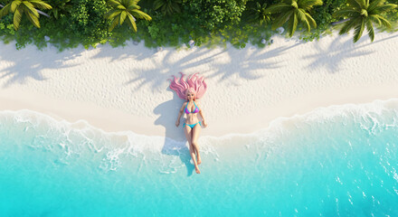 Animated scene of a girl with pink hair lying on a sandy beach near the turquoise ocean. Palm trees with lush green leaves border the top edge of the beach, creating a tropical setting.
