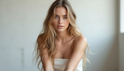 Stunning woman with long, flowing hair gazes thoughtfully