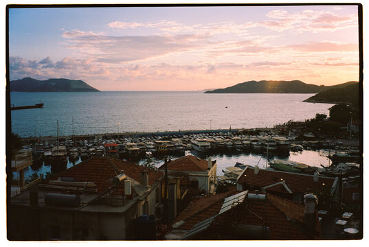 Beautiful view from balcony of red roofs and sea in Kas town