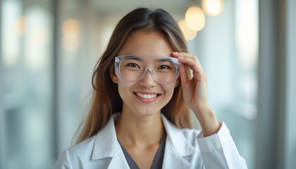 Smiling female scientist adjusting her glasses