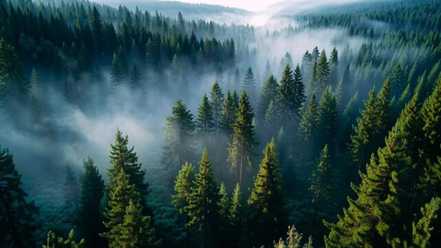 aerial shot drone of foggy sunrise in a pine forest
