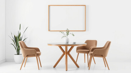 Interior view of a dining room with round table, three chairs, plant and a blank frame on the wall created with generated ai