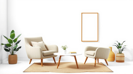 Bright living room with two armchairs, round table, plants and a picture frame on the wall behind created with generated ai