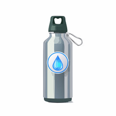 Stainless steel bottle with a matte finish, screw-top lid with carabiner loop, and a water droplet icon label.
