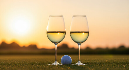 Two glasses of white wine placed on grass, with a golf ball positioned in front of them. In the background, the sun is setting, creating a warm, golden hue in the sky.