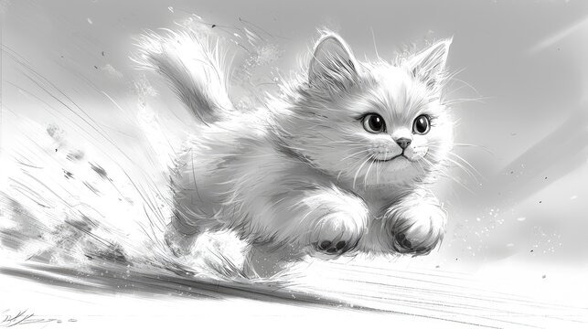 Playful kitten running on snow.