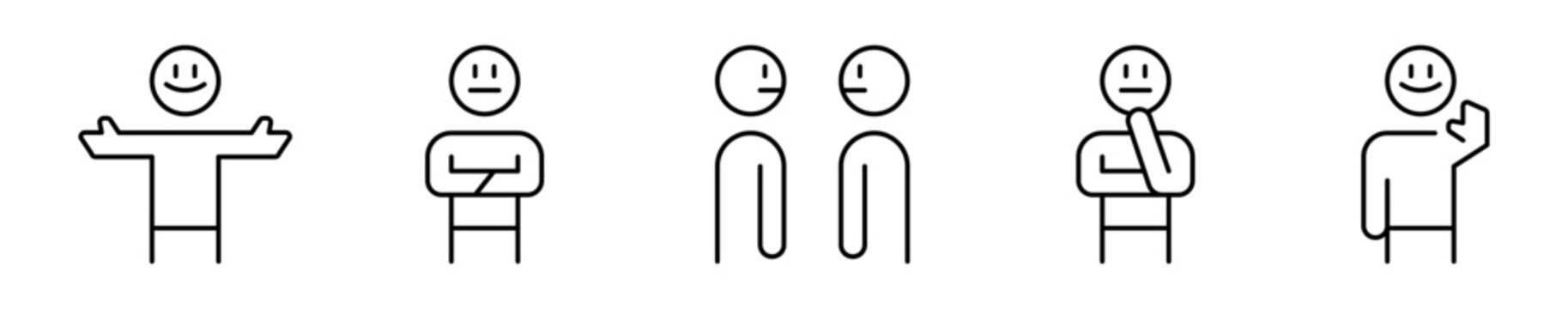 Conjunto de iconos de lenguaje corporal. Gestos y posturas. Apertura emocional, actitud defensiva, conexi&oacute;n, pensativo, saludo. Ilustraci&oacute;n vectorial.