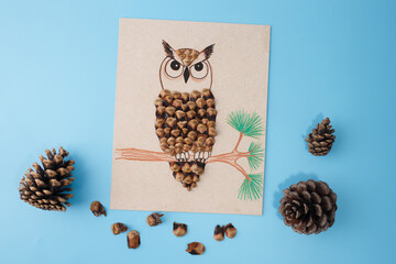 Owl drawing with pine cone wing on blue background for kids autumn DIY activity, ideal for educational kits, art books, eco-friendly craft brands, school visuals, and nature workshops
