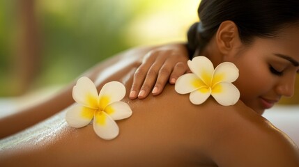 Woman receiving back massage with flowers