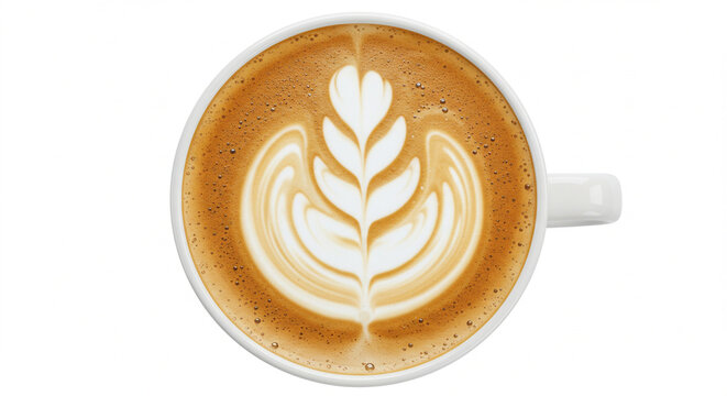 top view of coffee cappuccino spiral milk isolated on white background