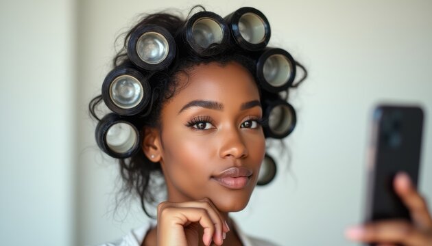 Confident woman with hair rollers taking a selfie