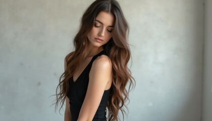 Elegant woman with long, flowing hair in a serene pose