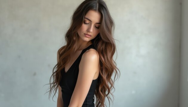 Elegant woman with long, flowing hair in a serene pose