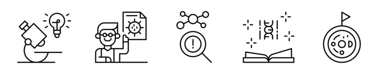 Conjunto de iconos de descubrimientos científicos. Hallazgos innovadores, avances en biología. Exploración microscópica, nuevo virus, alerta molecular, base genética documentada y célula identificada