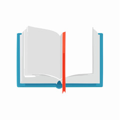 Hardcover book opened to the middle, ribbon bookmark between pages.
