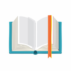 Hardcover book opened to the middle, ribbon bookmark between pages.
