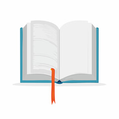 Hardcover book opened to the middle, ribbon bookmark between pages.
