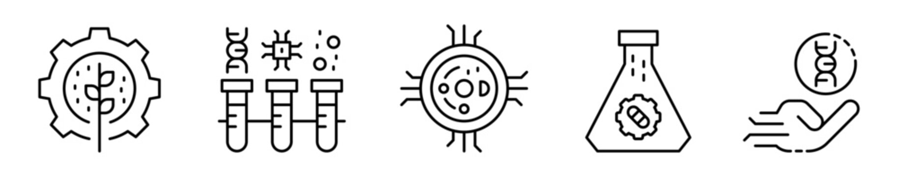 Conjunto de iconos de biotecnolog&iacute;a. Procesos biol&oacute;gicos, salud, industria, agricultura. Experimentaci&oacute;n molecular, estructura celular, an&aacute;lisis microbiol&oacute;gico y manipulaci&oacute;n gen&eacute;tica