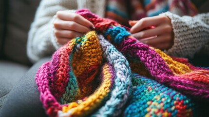 Hands knitting vibrant scarf
