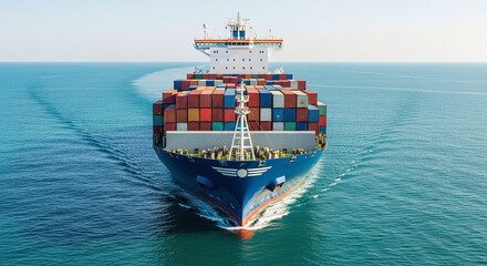 front view of cargo ship loaded with colorful containers sailing on calm waters