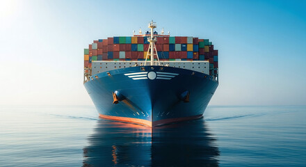 front view of cargo ship loaded with colorful containers sailing on calm waters
