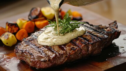 Béarnaise sauce being drizzled over a grilled steak, with a garnish of fresh tarragon and a side of roasted vegetables.