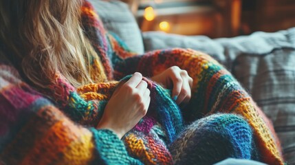 Woman in cozy colorful cardigan