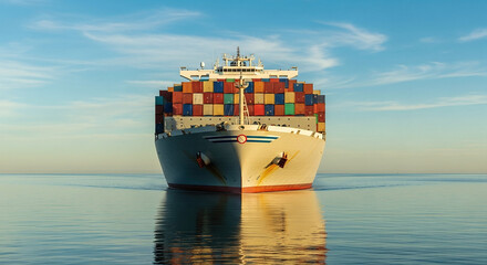 front view of cargo ship loaded with colorful containers sailing on calm waters