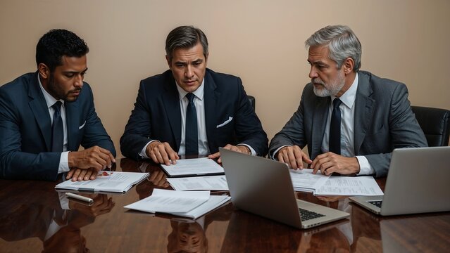 Business Meeting Diverse Team of Executives Reviewing Documents and Using Laptops,work,team - Powered by Adobe