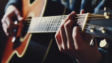 Close-up of hands playing acoustic guitar