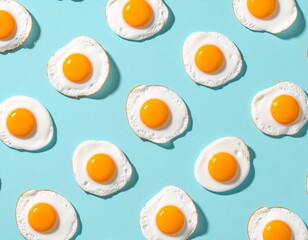 pattern of fried eggs with orange yolk on a sky blue background