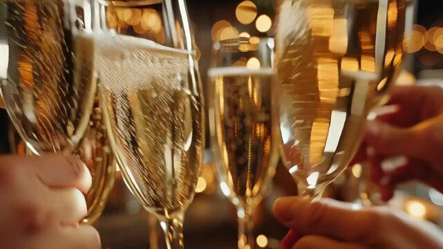 Cheers to festive celebration with sparkling champagne in elegant flutes, surrounded by bokeh lights, perfect for joyful party toast.