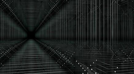 A white lines and small spheres in a black space.