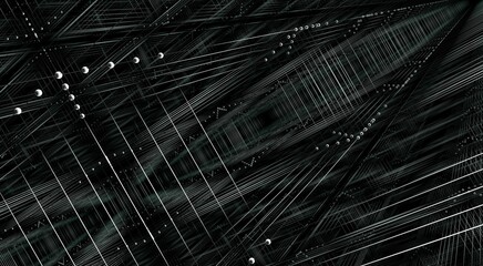 A white lines and small spheres in a black space.