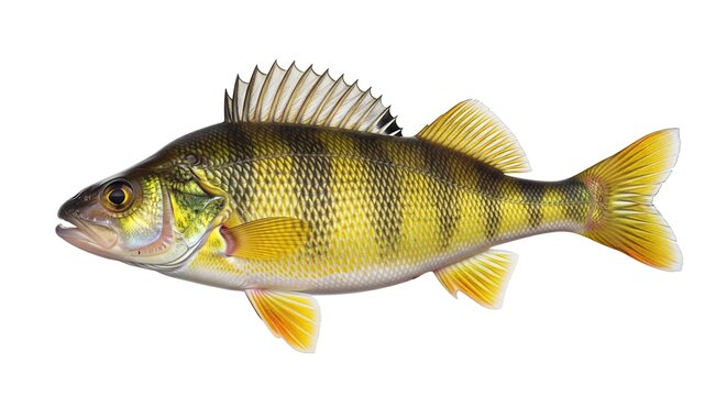 A yellow perch fish is depicted, exhibiting characteristic dark vertical bars along its sides and golden fins. Isolated on a white background.