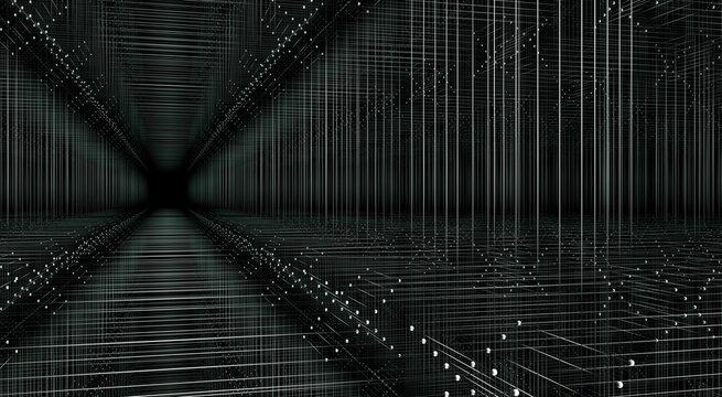 A white lines and small spheres in a black space.